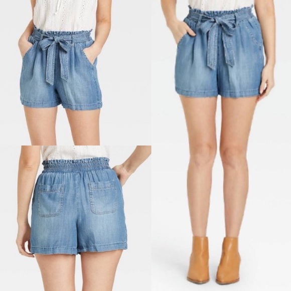 Knox Rose | Paper Bag Tie Elastic High Waisted Chambray Denim Look Shorts - Picture 1 of 15